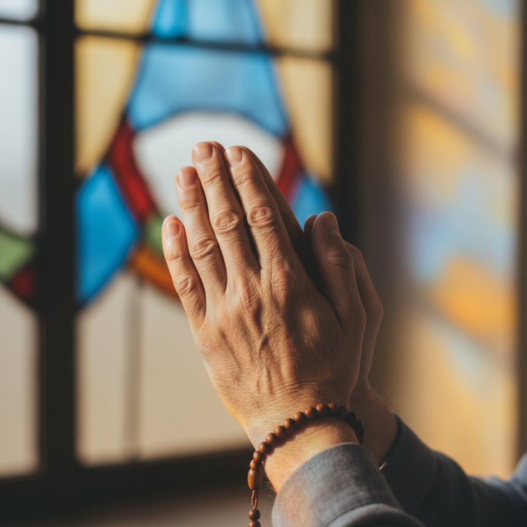 Hands clasped together in prayer, in front of a stained glass window.