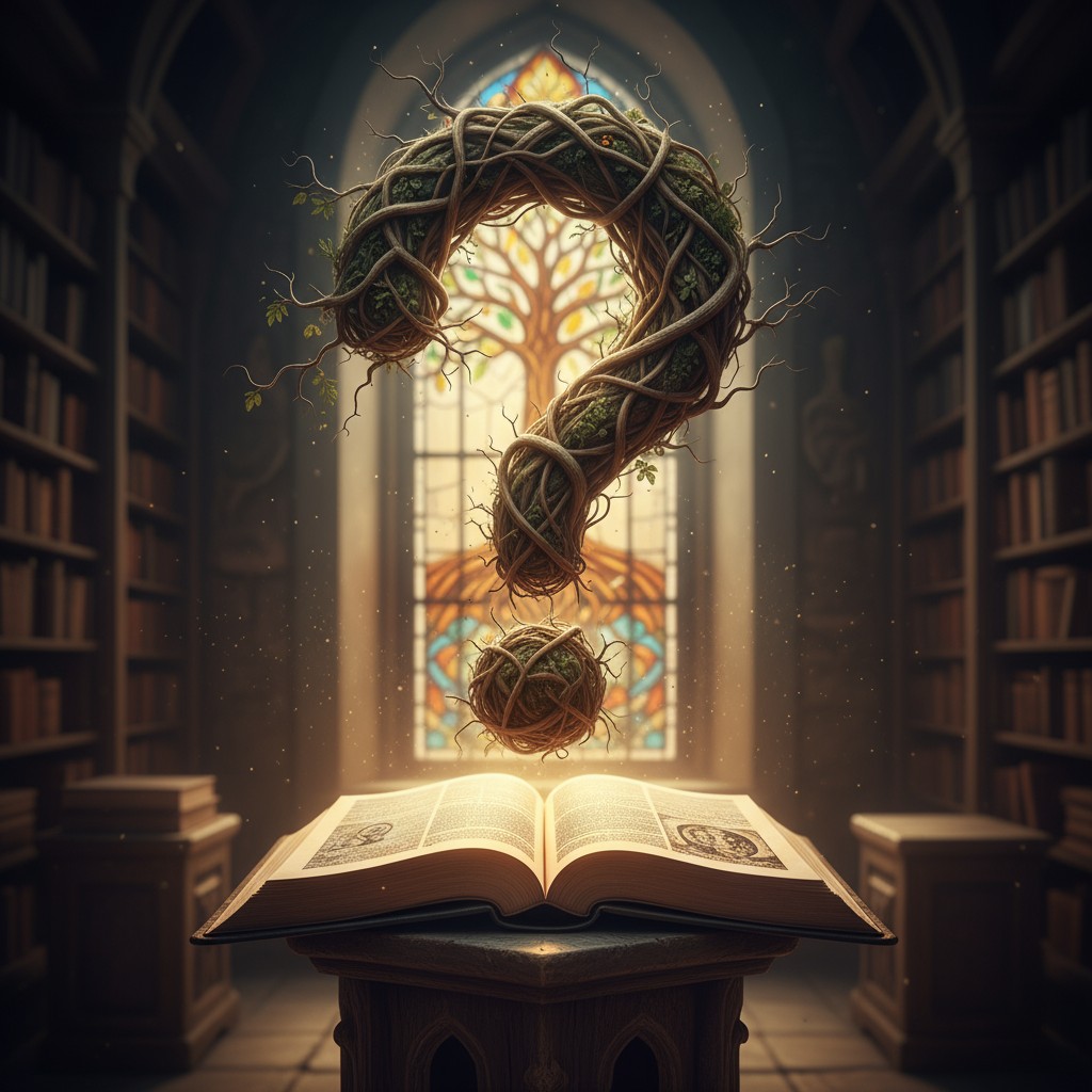 Image depicts a room with bookshelves and a large window with an abstract tree visible, above that the letter Q appears fo...