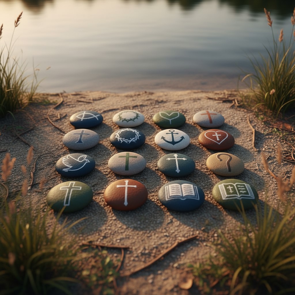 A collection of 19 stones, hand-painted with various Christian symbols, arranged on the sand near a serene body of water, ...