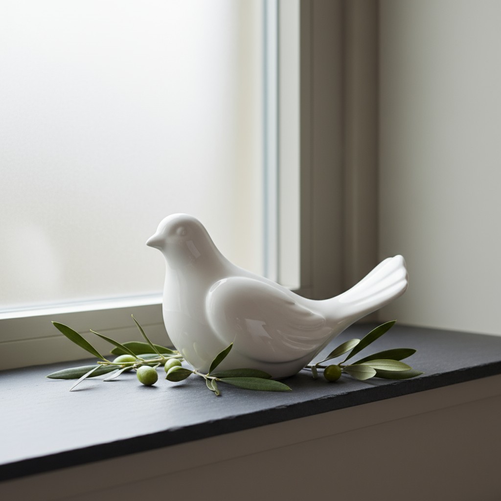 A white ceramic bird sits on a dark gray countertop next to a window, with several leaves and green olives nearby.
